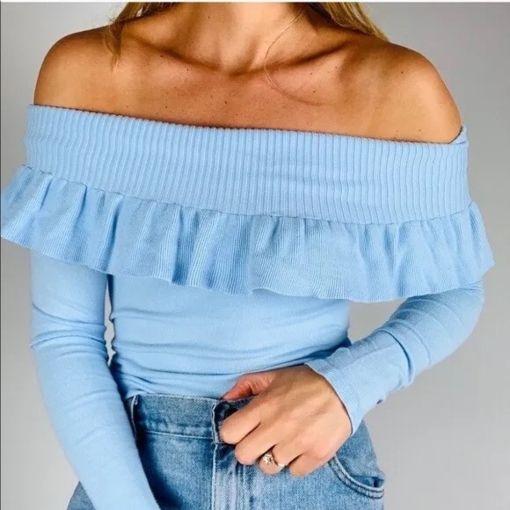 Lilly Pulitzer SIESTA OFF THE SHOULDER SWEATER Crew Blue Ruffle Neck S